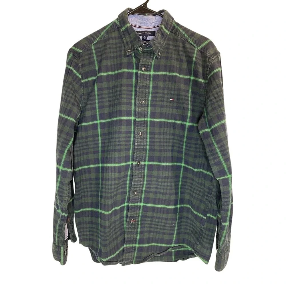 Tommy Hilfiger‎ Mens Button Down Shirt Size M Classic Fit Green Plaid